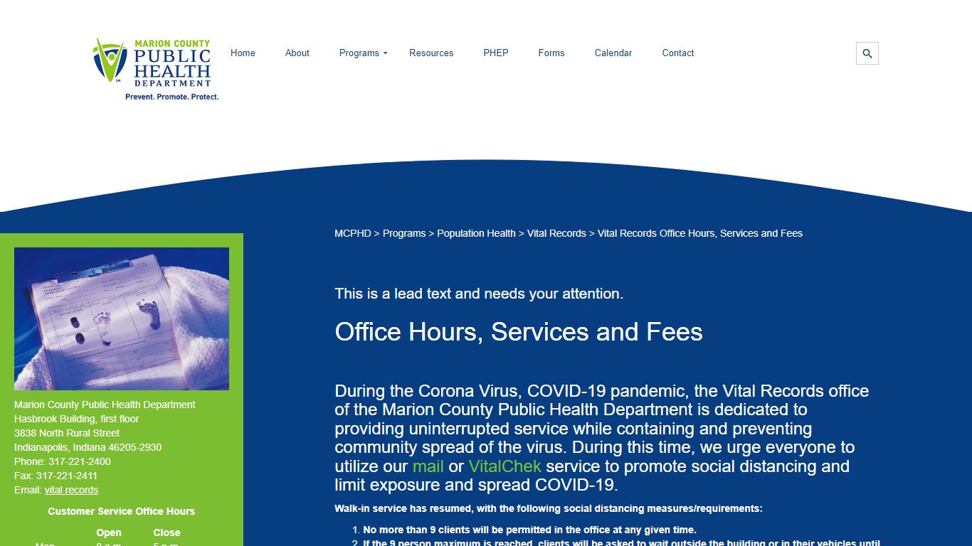 Vital Records Office Hours, Services and Fees